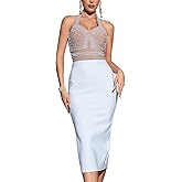 houstil Halter Bandage Dress for Women V Neck Beads Formal Midi Bodycon Cocktail Wedding Guest Dresses