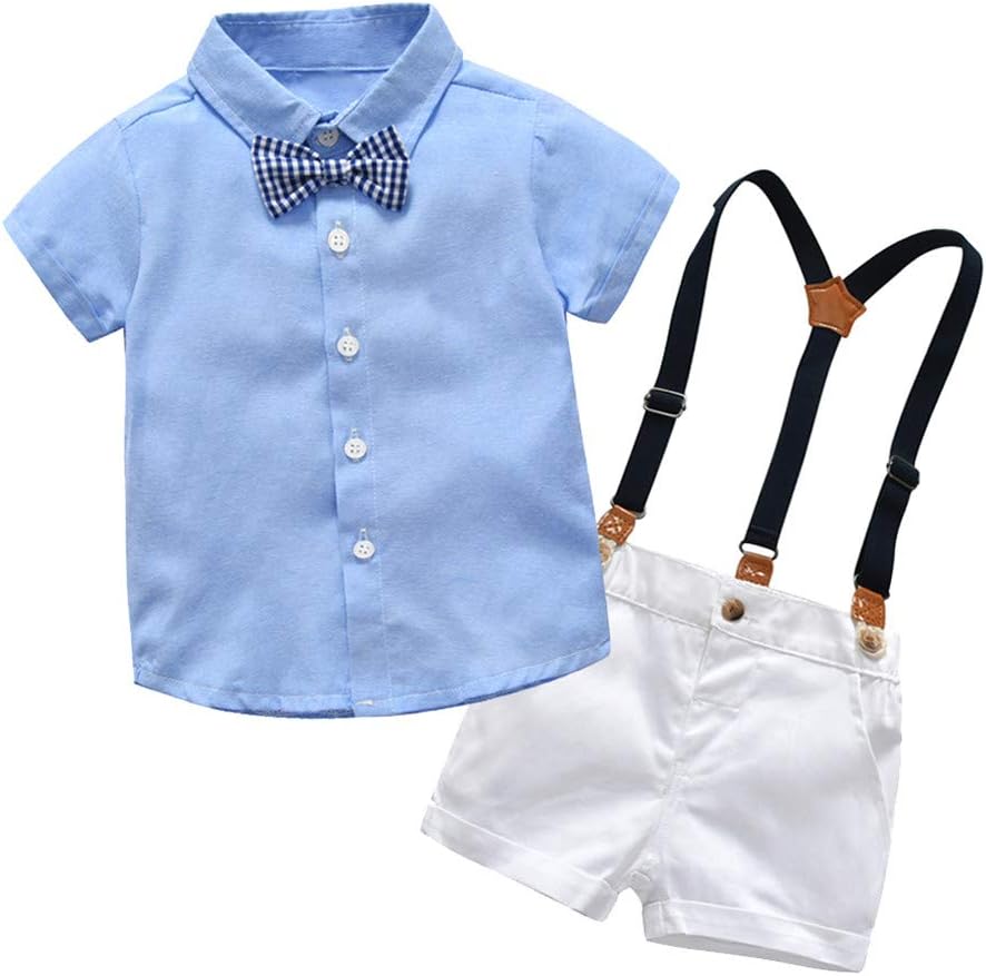2Piece Infant Baby Boys Gentleman Outfit Set, Bowknot Stripe Shirt Suspenders Shorts Overalls, Party Suit