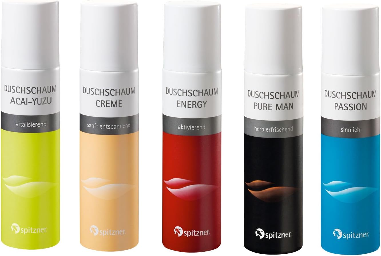 Explorer Shower Mousse Set “Acai Yuzu“ - “Cream“ - “Energy“ - “Passion“ - “Pure Man“ (5X Each 50 ml) from Spitzner
