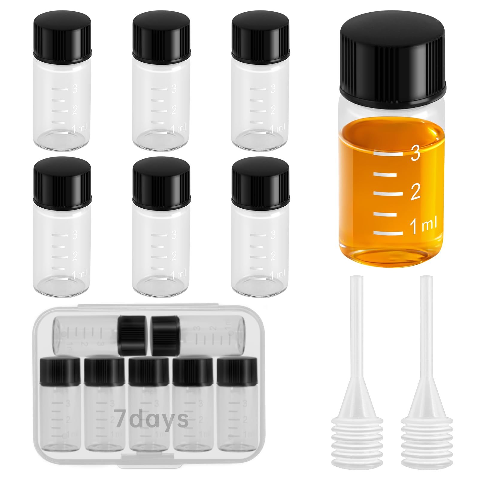 Photo 1 of 7PC 3ml (0.1 oz) Mini Small Glass Bottles with Screw Caps and Plastic Stoppers Plastic Storage Box Glass Essential Oil Bottle ?with Scale Glass Essential Oil Bottle (Clear)