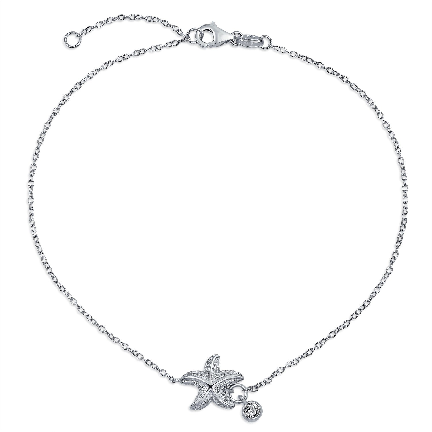 Bling Jewelry Marine Life Nautical Tropical Beach Vacation CZ Accent Dangling Starfish Anklet Ankle Bracelet For Women Teens .925 Sterling Silver 9-10 Inch Adjustable