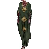 Bsubseach Gold Embroidery Long Kaftan Dresses V Neck Caftan Dress Beach Cover Ups for Women Embroidery