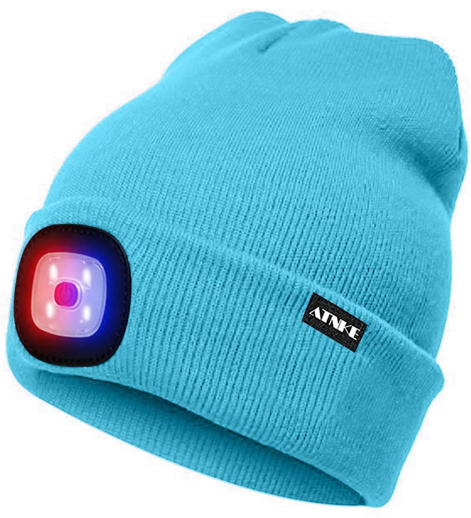 ATNKE LED Lighted Beanie Cap,USB Rechargeable 4 LED Red and Blue Glow Flashing Running Headlamp Hat Winter Warm Gifts for Men and Women/Light Blue