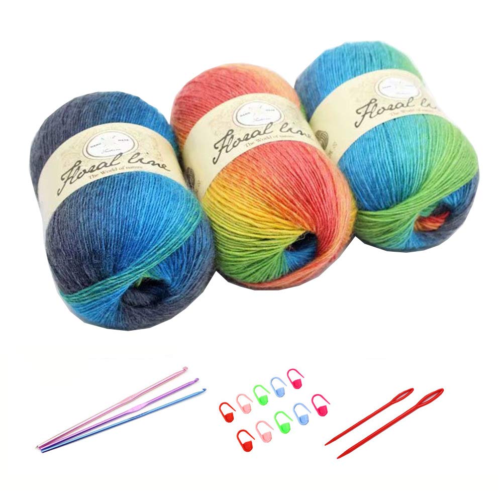 3X 100g Rainbow Wool Yarn Balls Chunky Knit Double Pom Pom Coloured Chunky Wool with 3 Crochet Hooks, 2 Needles, 10 Crochet Locking Stitch Markers for Beginners (210)