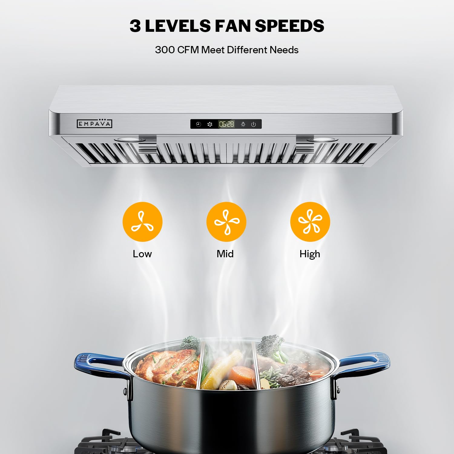 Empava Ductless/Ducted Range Hood Under Cabinet 30 Inch, Touch Control Timer & Clock Setting, 300 CFM 3-Speeds, Plug in, Stainless Steel