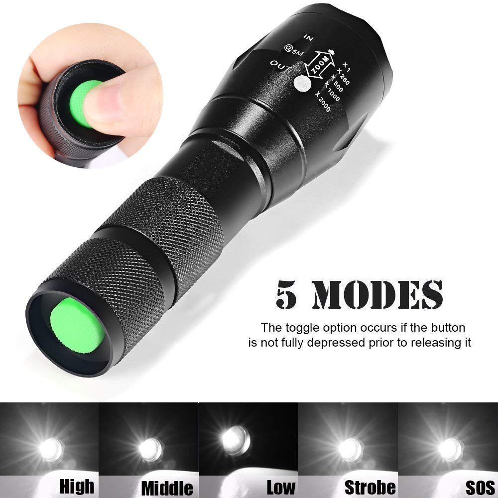 Torche Lampe de Poche LED Rechargeable et Etanche avec Zoom Réglable (Torche noir)