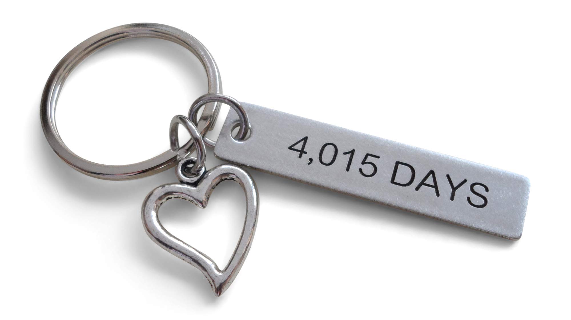 Stainless Steel Tag Keychain Engraved with "4,015 Days" with Heart Charm; 11 Year Anniversary Couples Keychain