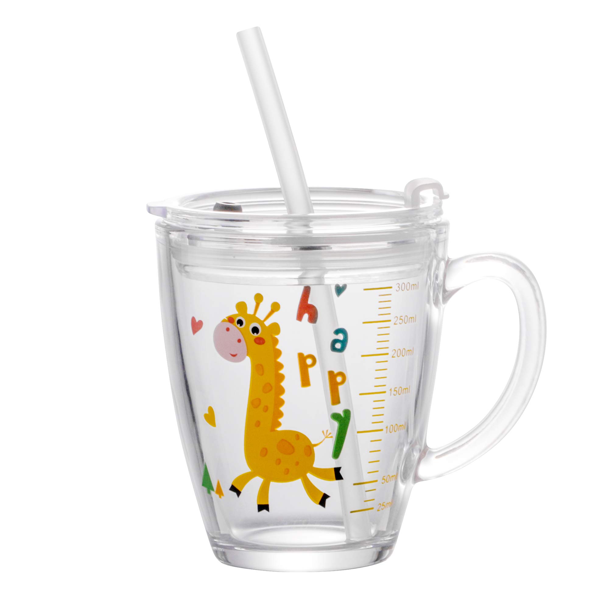 Qchomee Kids Tempered Glass Cups Milk Measure Cup with Straws and Lids Dinosaur Giraffe 350ML Scale Measure Mug Heat-Resistant Leakproof Tempered Glass Water Cup for Hot Milk, Iced Juice