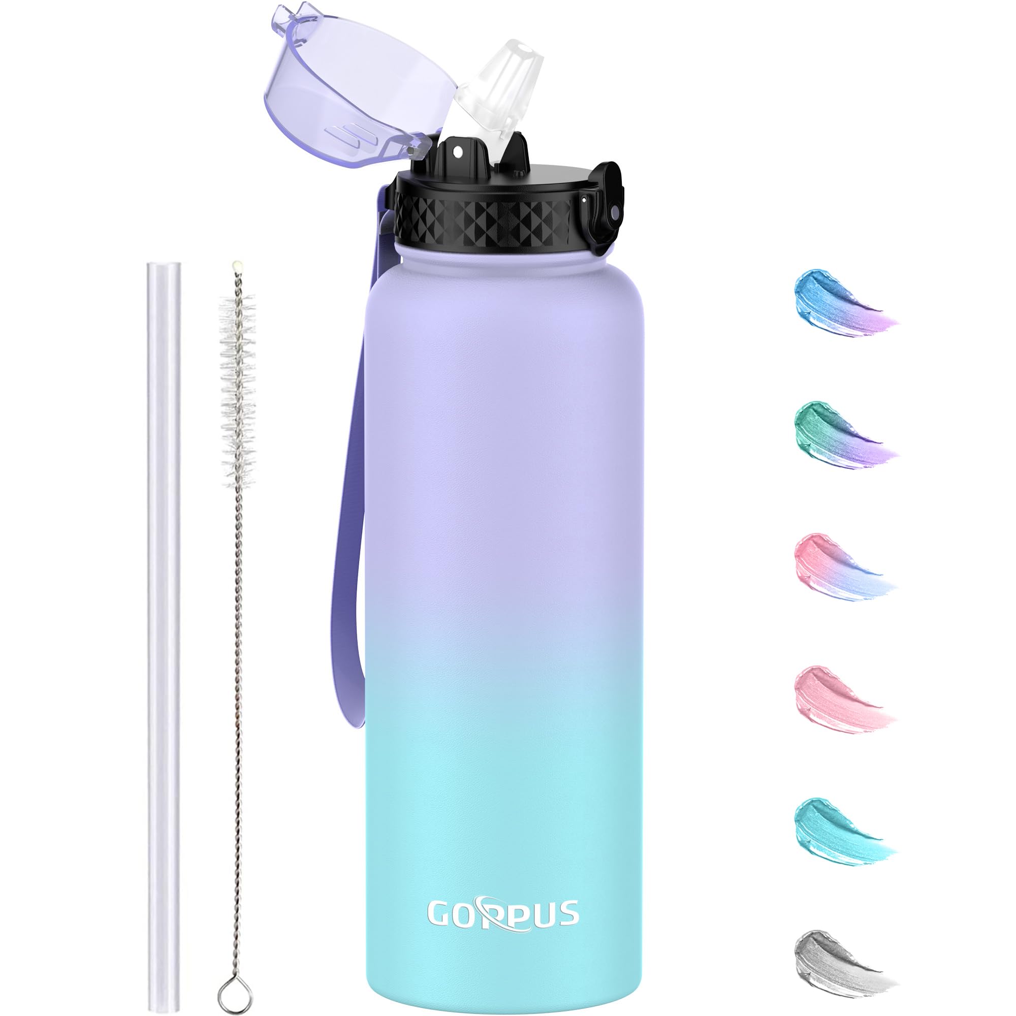 GOPPUS 1.2L/40oz Stainless Water Bottle with Straw Double Wall Insulated Bottles with Strap Large Vacuum Thermal Flask Leakproof Keep Cold Drinks Bottles with Flip Top Lid for Men Women BPA Free — image 1