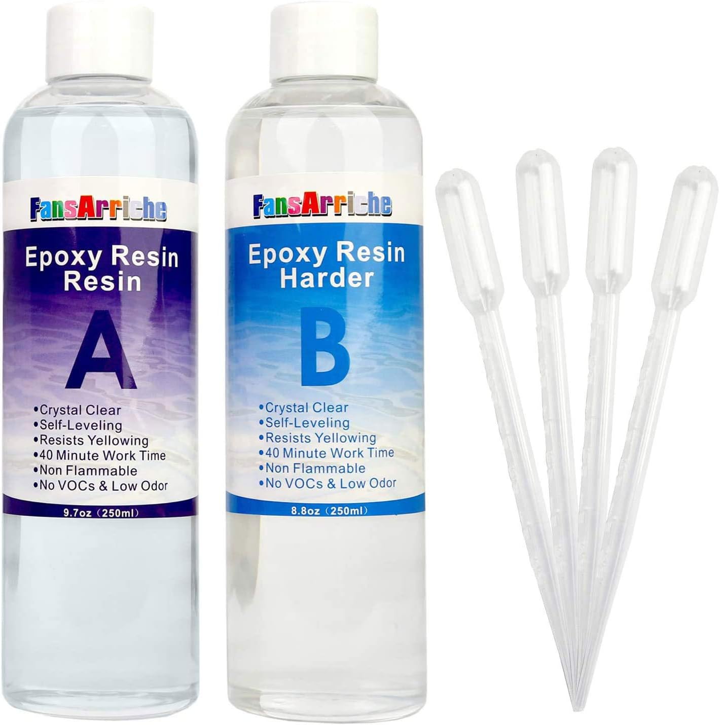 FansArriche Epoxy Resin Crystal Clear for Art, Jewelry, Crafts, Tumblers & Jewelry Making, Non-Toxic Resin 18.5 Ounce with 4 Dropper