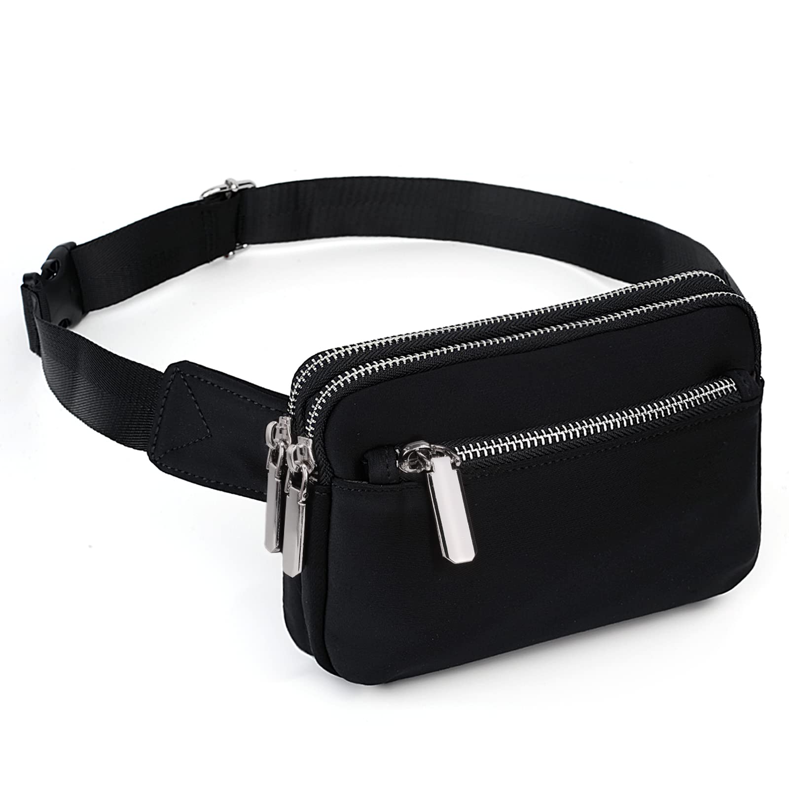 Bumbags for Ladies Sports Travel Fanny Pack Women Men Fashion Waist Packs Mother Mum Fits Mobile Phone Silver Zipper Pockets Waterproof Nylon by UTO Black