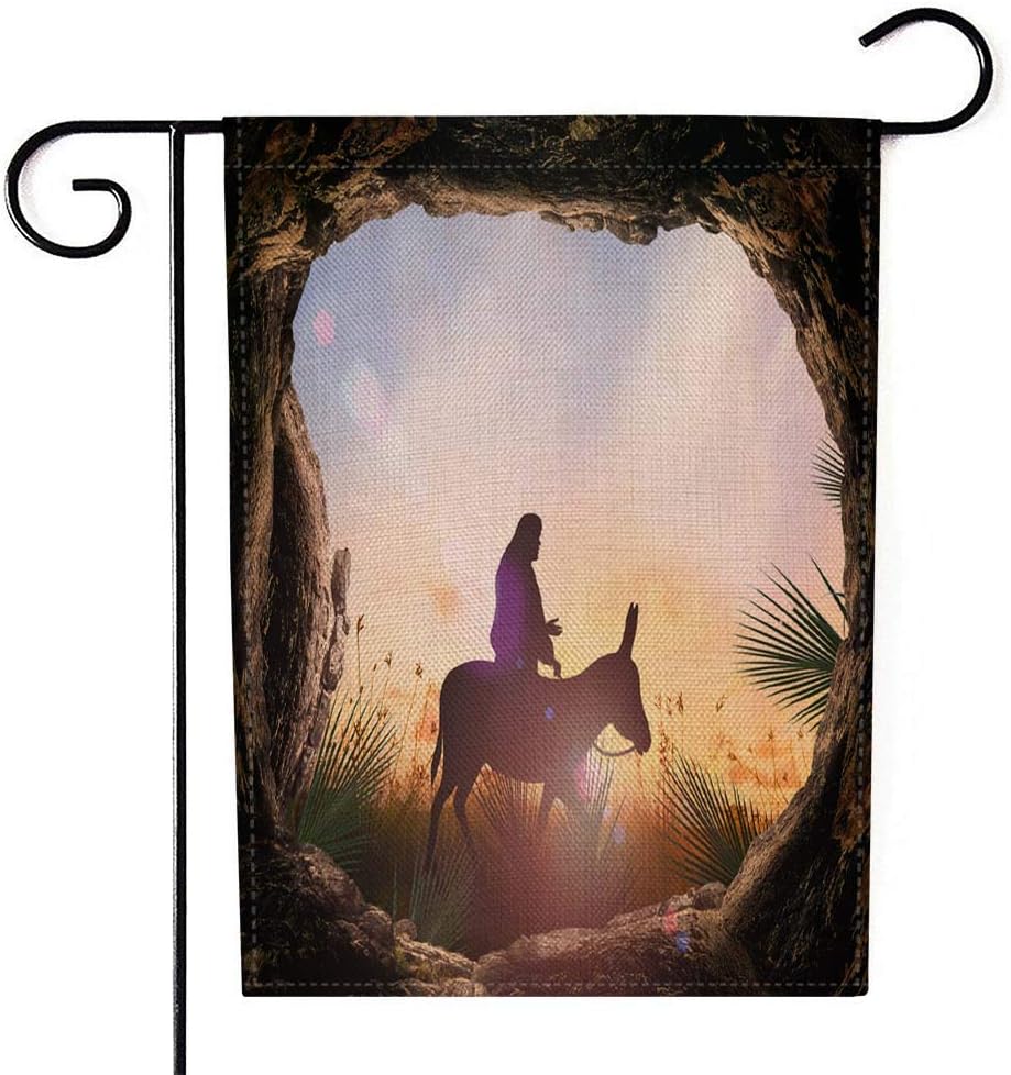 Fullentiart Outdoor Garden Flags, DIY Garden Flag Yard Flag Outdoor Flag Palm Sunday Concept Silhouette Jesus Christ Riding Donkey Stone Garden Flags 12X18 Welcome Garden Flag Flamingo Garden Flag