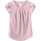 TASAMO Women's Casual Round Neck Basic Pleated Top Cap Sleeve Curved Keyhole Back Chiffon Blouse