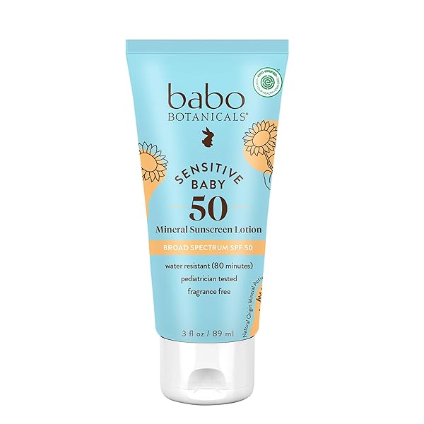 BABO BOTANICALS SENSITIVE BABY MINERAL SUNSCREEN LOTION SPF50 – NATURAL ZINC OXIDE – FACE & BODY – FRAGRANCE-FREE – WATER-RESISTANT – EWG VERIFIED – VEGAN – EXTRA SENSITIVE SKIN – FOR BABIES & KIDS