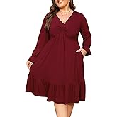 Baosuu Women's Plus Size Dress Casual Long Sleeve V Neck Twist Knot Front Flowy Dress
