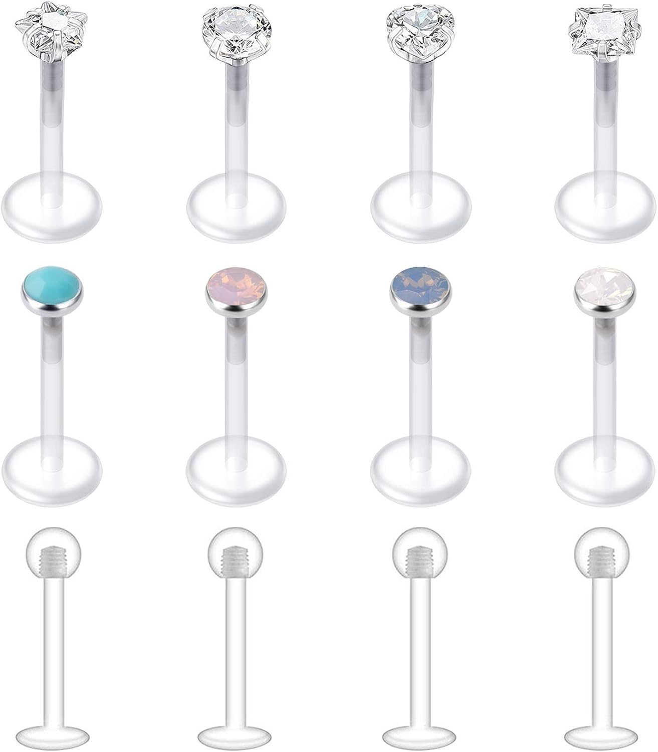LAURITAMI 12pcs Clear Lip Labret Bars Studs Retainers Bioflex Crystal
