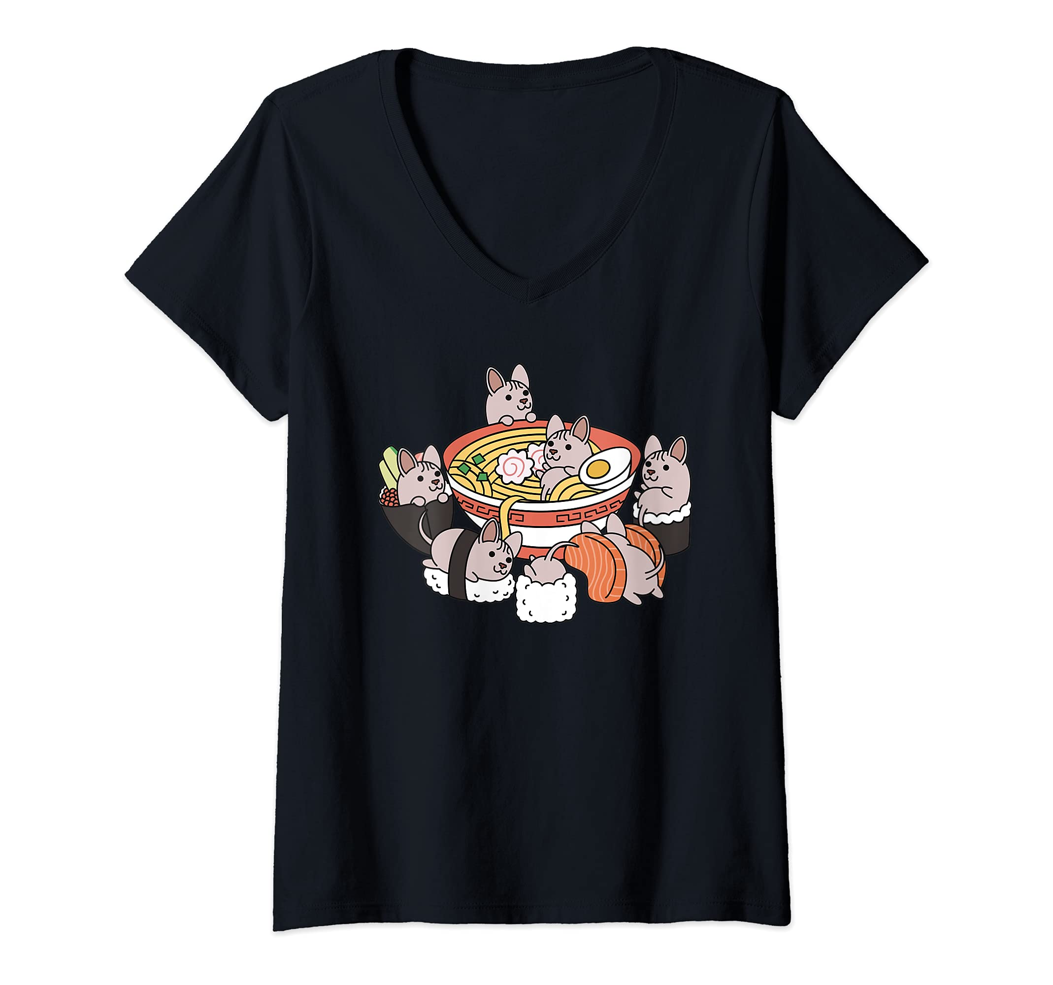 Womens Ramen Sushi Sphynx Cat Pet V-Neck T-Shirt