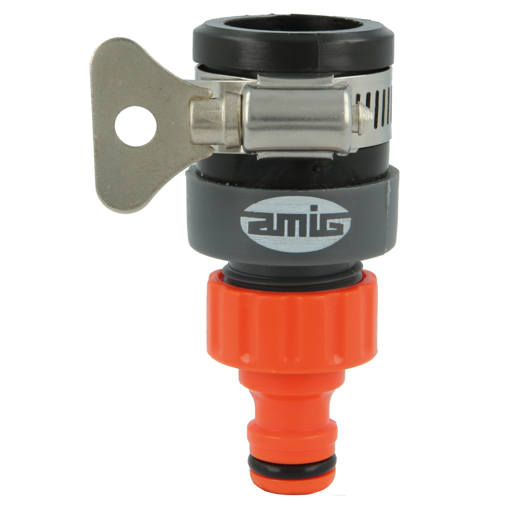 Amig - Universal Hose Adapter | with Stainless Steel Butterfly Screw | Compatible with Most Taps | ABS Plastic and Rubber | Orange and Grey — image 1