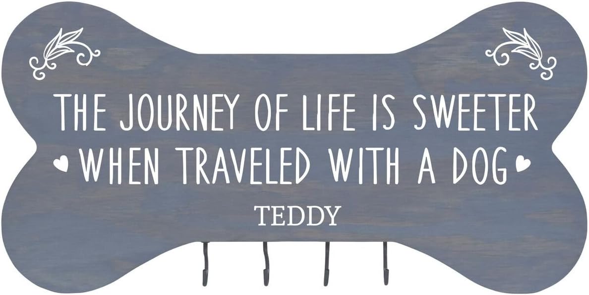 Rooms Organized Personalized The Journey of Life Wall Mounted Dog Bone Pet Leash Rack,Dog Collar Holder New Home Decor Gift Ideas and 4 Hooks 16" L x 8" H 2.5." deep (Classic Grey)