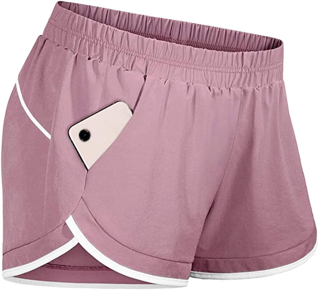 Women Double Lyear Drawstring Waist Athletic Running Shorts with Liner