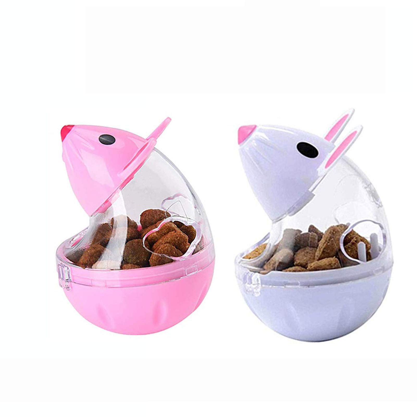 SUNNEE 2Pcs Cat Food Dispenser Cat Treat Toy Feeder Toy for Interactive IQ Treat Training Mouse shape Tumbler (White,Pink)