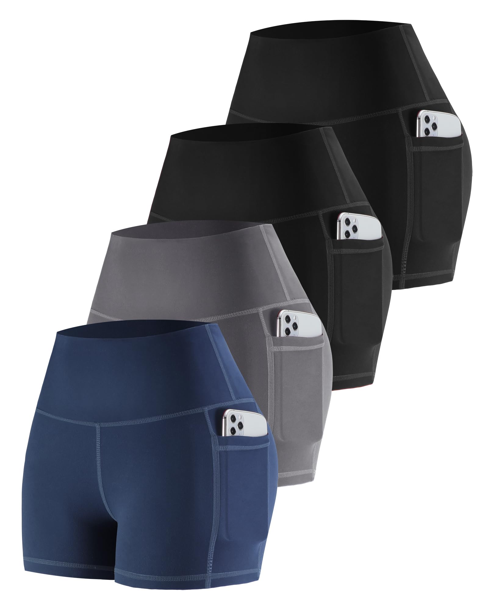 CHRLEISURE Womens Biker Yoga Shorts with Pockets: High Waisted Tummy Control Spandex Workout Athletic Gym Shorts 4 Packs(3'' Black,Black,Gray,Navy, 2XL) Image