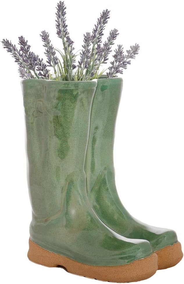 Large Green Ceramic Double Wellington Boot Shaped Indoor/Outdoor Plant