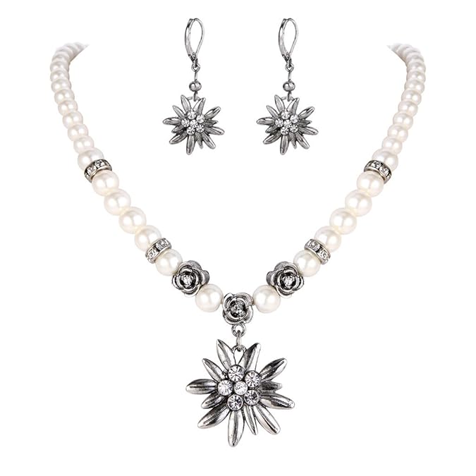 Clearine Damen Oktoberfest Trachtenscmuck Künstliche Perlen Kristall Edelweiss Ohrhänger Dirndlkette Schmuck Set