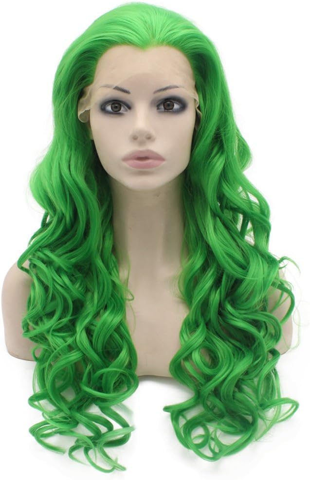 Long Wavy Hand Tied Synthetic Lace Front Green Cosplay Party Wig