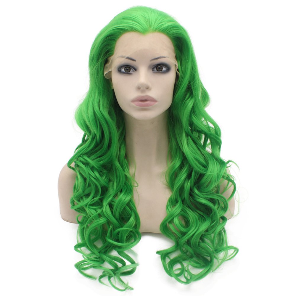 Long Wavy Hand Tied Synthetic Lace Front Green Cosplay Party Wig