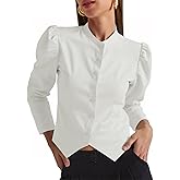 Tankaneo Womens Puff Sleeve Button Down Shirts Cropped Mock Neck Fitted Tops Fall Dressy Casual Cotton Blouse