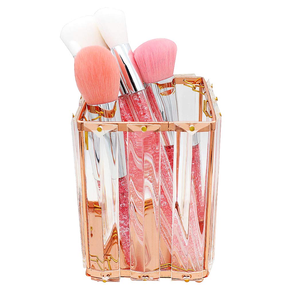 SIPLIV Crystal Makeup Brush Holders Pen Holder Cosmetic Storage Holder Beauty Brush Holder Office Desk Organizer - Square, Rose Gold