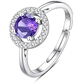 INFUSEU February Birthstone Ring Purple Stone for Women Thin Sterling Silver 925 Fashion Amethyst Violet Jewelry Gift Adjustable Size 7 6 8 Birthday Valentines Mothers Day