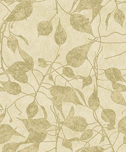 Light Green Wallpaper Effect Fabric with Shiny Green Gold Leaves. Concept 9815