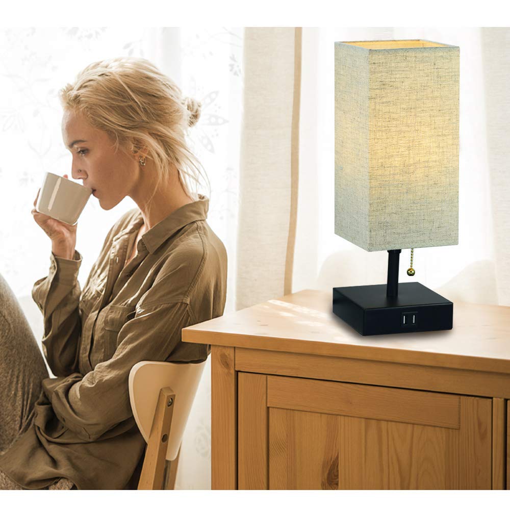 Dual USB Table Desk Lamp, Bedside Nightstand Lamp, Fabric Unique Lampshde,Convenient Pull Chain for Bedroom Living Room(Pack of 2) TY-801