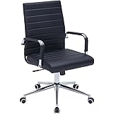 Modern Mid Back Office Desk Chair, PU Leather Ribbed Ergonomic Executive Conference Chair, Adjustable Swivel Task Chair with 