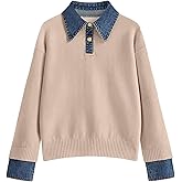 hathne Women's Oversized Polo Sweater Button Up Denim Lapel Pullover Sweater Long Sleeve Collared Knit Top