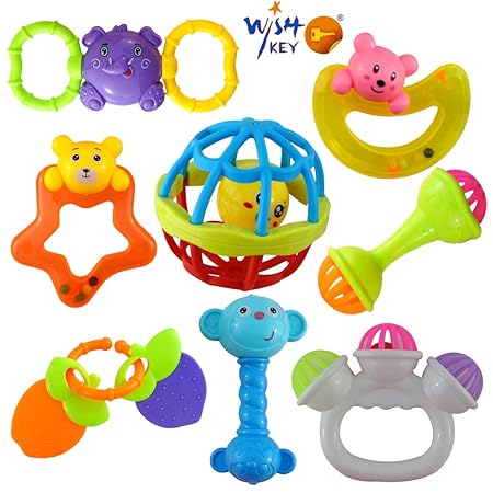 WISHKEY Colorful 7 Rattles and 1 Teether Toy Set