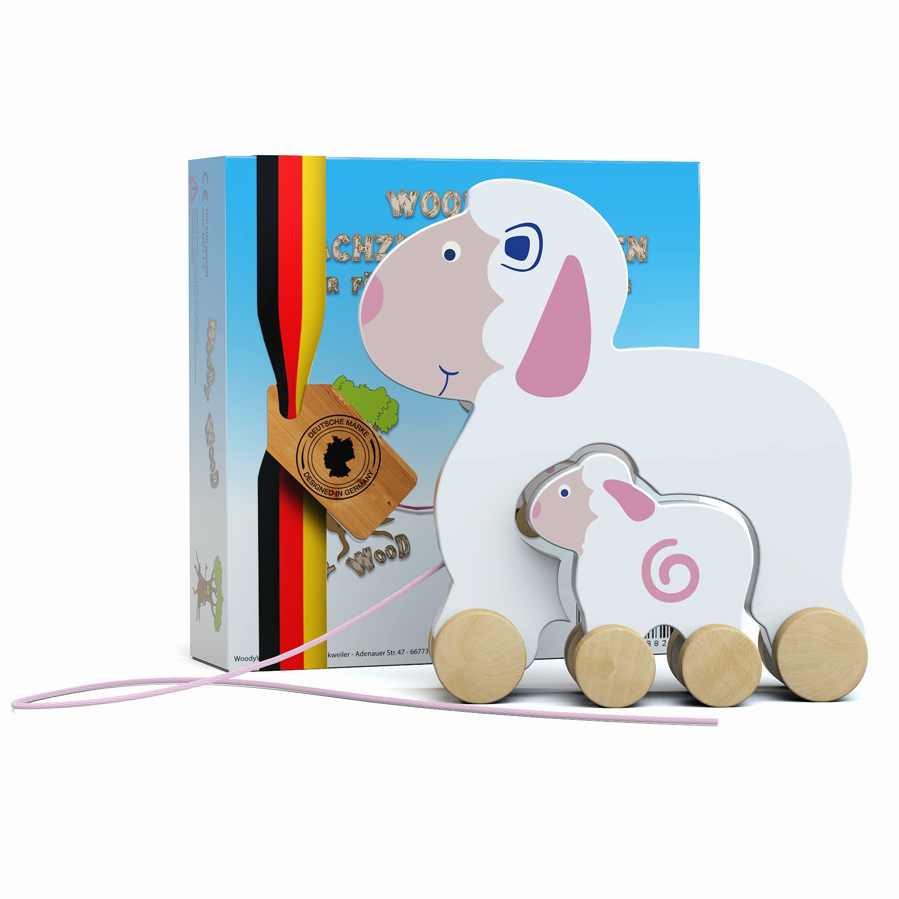 WoodyWood® Pull-up Sheep with Lamb, Wooden Pull Toy for Babies & Children, Ages 1+, Promotes Movement & Motor Skills