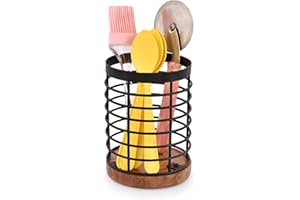 EDHAS Black Iron Kitchen Utensil Holder with Acacia Wooden Base Round Flatware Storage for Countertop (4.5" x 4.5" x 6")