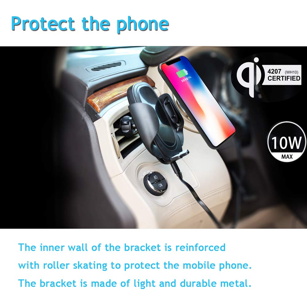 UCMDA Chargeur sans Fil Rapide Voiture, 10W Qi Support Téléphone Voiture Chargeur Auto sans Fil à Induction Réglable pour iPhone XS/XS Max/XR/X/8P/8, Galaxy S9/S9 Plus/S8/S8plus/S7/S7 Edge etc- Noir