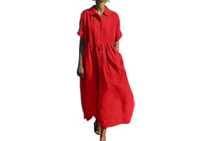 Frostluinai Linen Dress for Women Summer Short Sleeve Button Up Flowy Dresses Pleated Front Lapel Casual Maxi Dress