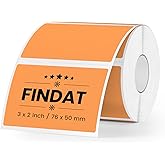 FINDAT Orange Thermal Labels 2 × 3 Inch Vinyl Rectangular Waterproof Direct Printer Sticker Self-Adhesive Perforated Name Tag for Logo DIY QR Design Office Address 500 PCS