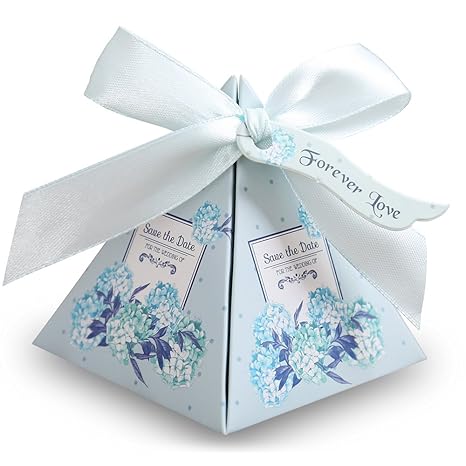 Doris Home 100 Pcs Floral Pyramid Wedding Favor Candy Boxes Bridal Shower Party Paper Gift Box With Tag Light Blue 72728cm
