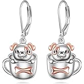 Bulldog Leverback Earrings for Women 925 Sterling Silver Bulldog Dangle Teacup Dog Earrings Animal Jewelry Gift for Women