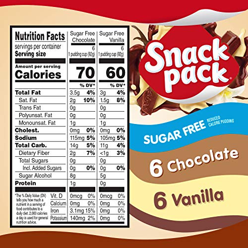 SNACK PACK SUGAR FREE CHOCOLATE AND VANILLA FLAVORED PUDDING FAMILY PACK, 12 COUNT PUDDING CUPS