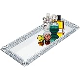 Crystal Glass Serving Tray, Crushed Diamond Filled Modern Glass Mirror Jewelry Trinket Tray, 13.7" x 5.9" Rectangular Makeup Perfume Tray for Bedroom Dresser, Home Decor, Banquet,Party(Silver)