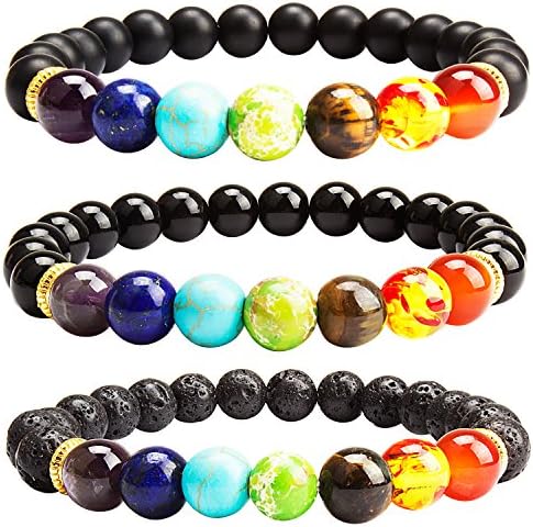 Casoty 7 Chakras Bracelet Set of 3 - Volcano Lava Rock Stone Beads Black Matte Onyx Mala Agate Healing Yoga Bracelets Unisex
