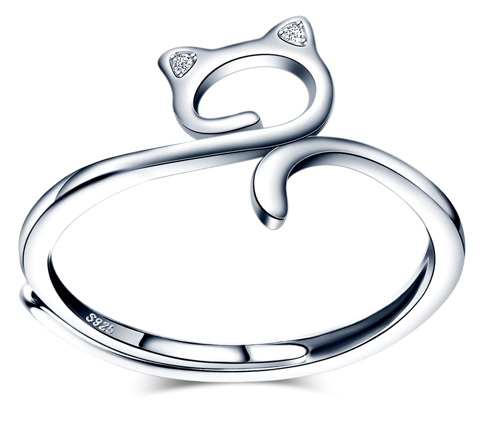 MicVivien Cat Kitty Rings for Women Girls Sterling Silver 925 Ring Adjustable Stackable Ring