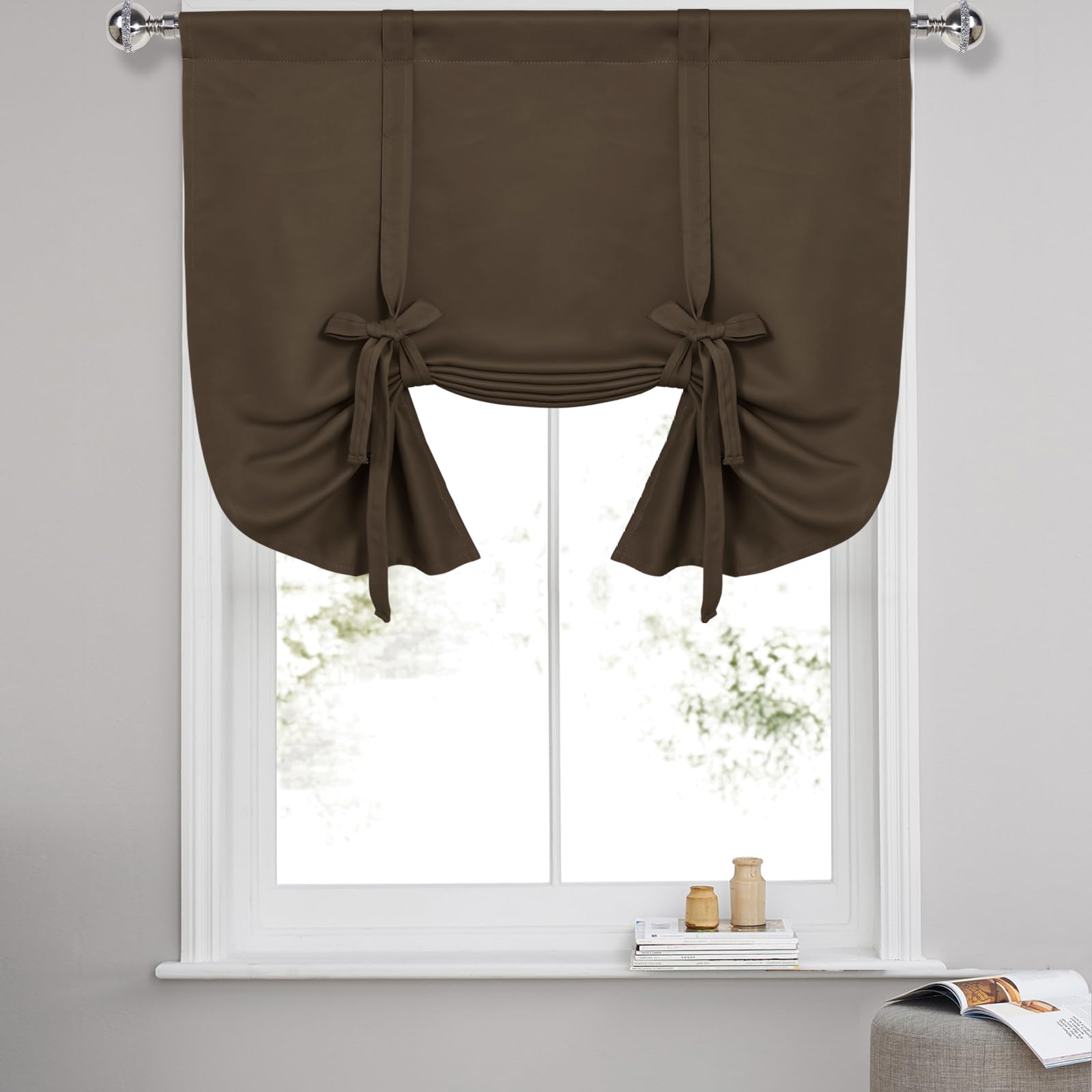 DWCN Blackout Curtains-Tie Up Shade for Window Thermal Insulated Room Darkening Rod Pocket Curtains for Kitchen,Brown, W42 X L45 Inches, 1 Panel — image 1